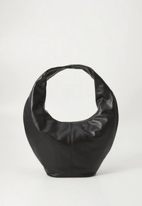 Melnas ādas plecu soma ar izliekta roktura, mīkstu tekstūru un rāvējslēdzēja augšdaļu. Raksturo gluda apdare un strukturēta forma.