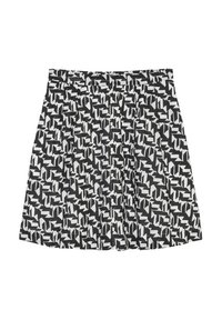 Jupe courte noire et blanche avec un motif géométrique, un design plissé et une taille élastique pour plus de confort.