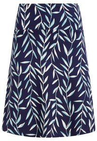 Laivastonsininen hame, jossa on tiukka vyötäröosa ja valkoisia sekä vaaleansinisiä lehväkuvioita. Valmistettu pehmeästä kankaasta, hame levenee helmasta.