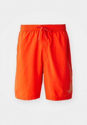 Bright orange swim shorts made of lightweight fabric, featuring an elastic waistband with drawstring and side seam pockets.