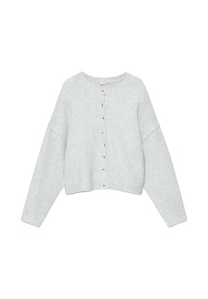 Cardigan en maille gris clair à manches longues, col rond et boutons sur le devant, présenté à plat sur fond blanc.