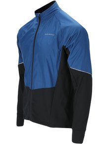Sportliche Herrenjacke mit blauen und schwarzen Paneelen, Reißverschluss, hohem Kragen und reflektierenden Akzenten für bessere Sichtbarkeit. Flexibles Material.