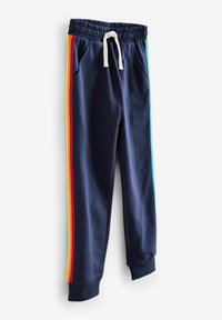 Pantaloni jogger in pile blu navy con vita elasticizzata, caratterizzati da strisce laterali multicolori in rosso, arancione, verde e blu. Inclusi tasche.