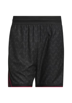 Black athletic shorts with a subtle zigzag pattern, made from lightweight material. Features an elastic waistband and red side accents.