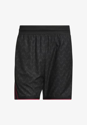 Black athletic shorts with a subtle zigzag pattern, made from lightweight material. Features an elastic waistband and red side accents.