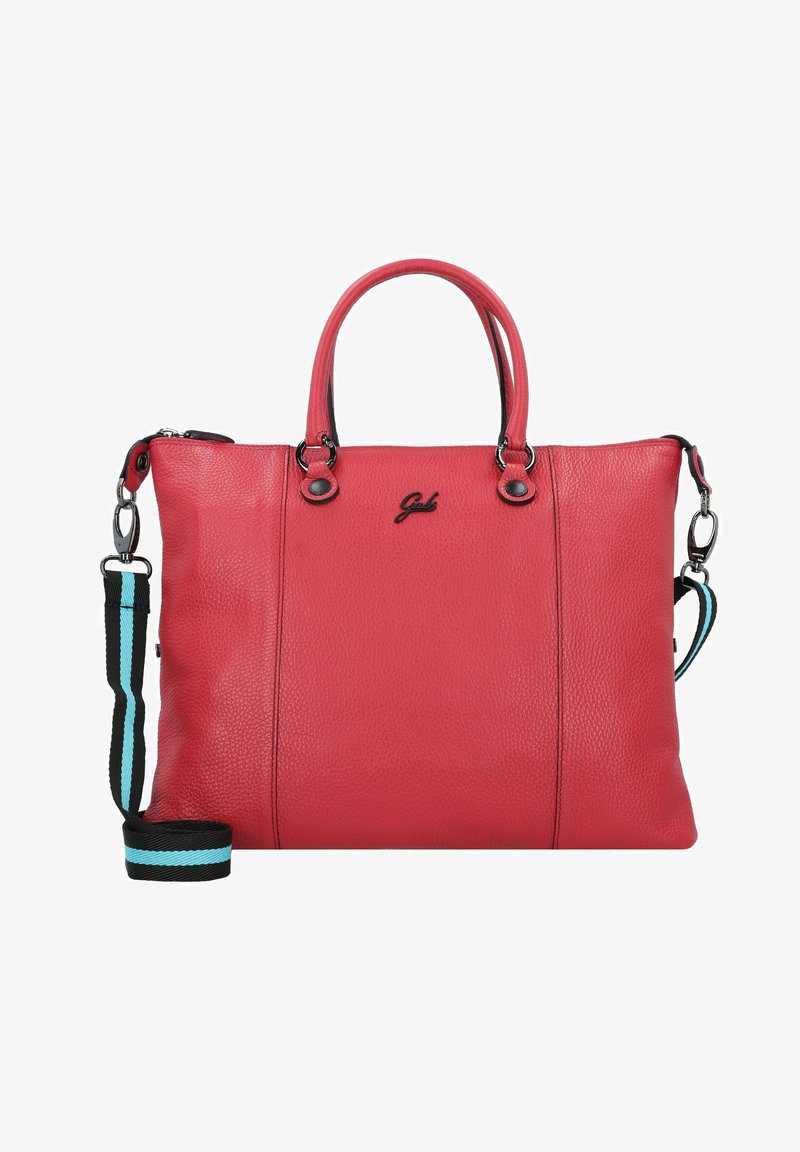 Red leather handbag with textured surface, dual handles, detachable strap, and black hardware. Features logo detail on the front.