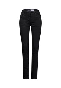 Jeans de mezclilla negros con corte slim, que cuentan con un diseño clásico de cinco bolsillos, cierre de botón y una ligera textura.