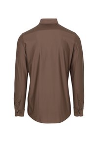 Langarmshirt van donkerbruine stof met een rechte snit. Beschikt over een kraag en knoopmanchetten, een gladde textuur en geen zichtbare patronen.