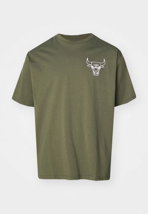 Olive green cotton t-shirt with short sleeves, crew neckline, and white bull logo printed on the left chest. Smooth texture, casual fit.