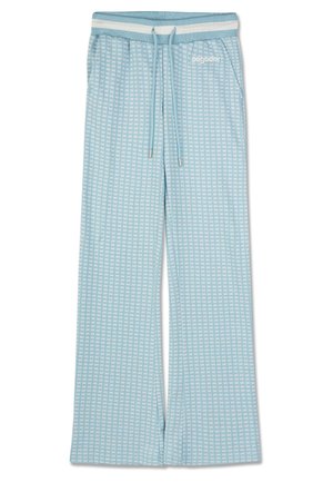 Világoskék pizsamánadrág puha anyagból, fehér rácsmintával, elasztikus derékpánttal és zsinórral, laza, széles szárú kialakítással.