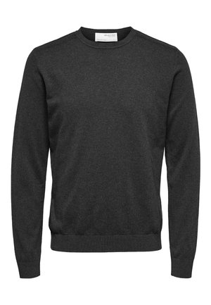 Donkergrijze crewneck trui met lange mouwen, gemaakt van een zachte stof. Beschikt over geribbelde manchetten en tailleband, en heeft een effen textuur.