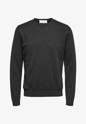 Dunkelgrauer Rundhalsausschnitt-Pullover mit langen Ärmeln, aus einem weichen Stoff gefertigt. Verfügt über gerippte Bündchen und Saum sowie eine schlichte Textur.