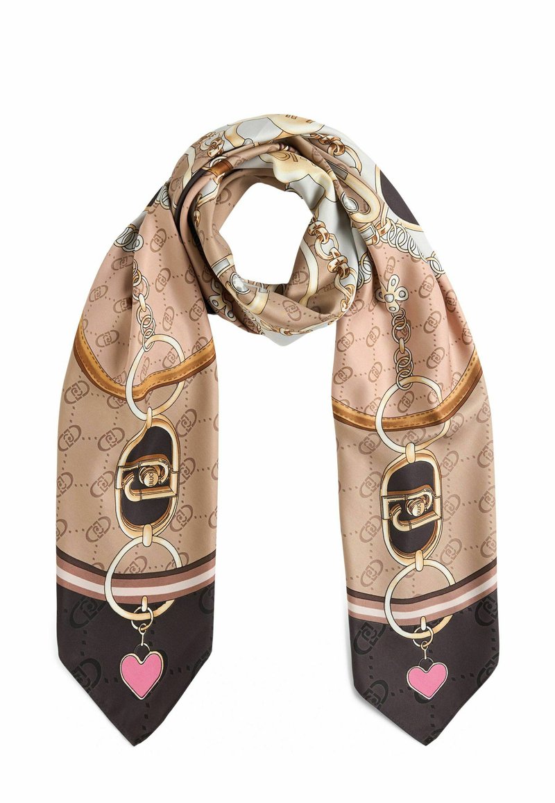 Bufanda de seda con una combinación de colores beige y marrón, que presenta un patrón de cadenas, acentos dorados y un colgante en forma de corazón rosa.