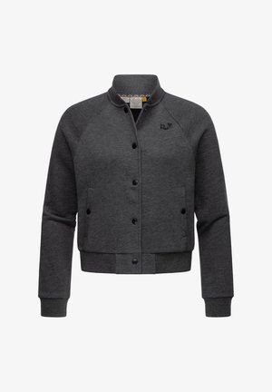 Donkergrijze bomberjack van zachte stof, met een knoopsluiting aan de voorkant, geribde boorden en zijzakken, voorzien van een logodetail op de borst.