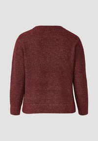 Burgundowy sweter z dzianiny z okrągłym dekoltem, długimi rękawami i teksturowanym wzorem ściągacza. Luźny krój z prostym dołem.