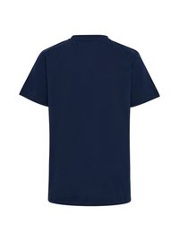 Marineblå T-shirt med korte ærmer lavet af bomuld. Rund hals-design med en glat overflade. Bagfra, ingen yderligere mønstre eller detaljer synlige.