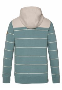 Capuchon sweatshirt in teal, met crèmekleurige horizontale strepen, een contrasterende crèmekleurige schouderplooien en een bruin lederen logo patch op de mouw.