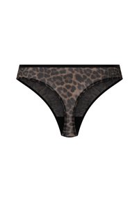 Gaćice s leopard uzorkom, koje imaju prozirni prednji dio i čvrste crne akcentne detalje. Dizajn uključuje klasični kroj s elastičnom gumicom.