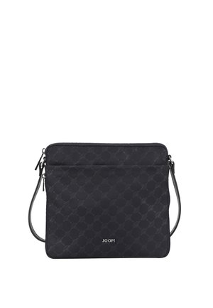 Borsa nera rettangolare realizzata in tessuto testurizzato, caratterizzata da un motivo circolare ripetuto. Presenta una chiusura con zip e una tracolla removibile.