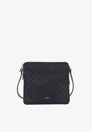 Borsa nera rettangolare realizzata in tessuto testurizzato, caratterizzata da un motivo circolare ripetuto. Presenta una chiusura con zip e una tracolla removibile.