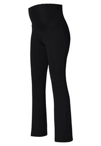 Leggings de maternité noirs avec une taille haute élastique. Tissu lisse avec une coupe évasée en bas et sans coutures visibles. Extensibles pour le confort.