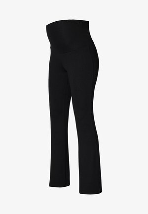 Zwarte zwangerschapslegging met een hoge, elastische tailleband. Gladde stof met een uitlopende onderkant en geen zichtbare naden. Rekbaar voor comfort.