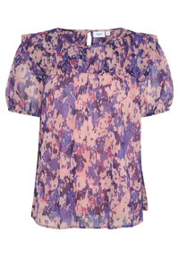 Genomskinlig topp med kort ärm i nyanser av lila och rosa med ett flerfärgat abstrakt mönster. Den har en nyckelhålsdetalj i ryggen och en avslappnad passform.