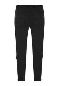 Pantalons noirs ajustés avec une finition lisse, dotés de deux poches arrière et de zips aux chevilles pour un ajustement. Conception de taille extensible.