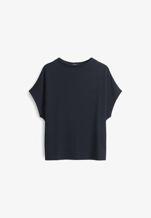 Kurzärmliges, übergroßes Oberteil in Dunkelblau, aus weichem Material mit rundem Halsausschnitt und weiten Ärmeln. Glatte Textur, keine Muster oder Akzente.