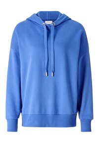 Sudadera con capucha azul hecha de tela suave, con capucha ajustable con cordón, puños y dobladillo inferior acanalados, con un corte holgado y detalle sutil del logo.