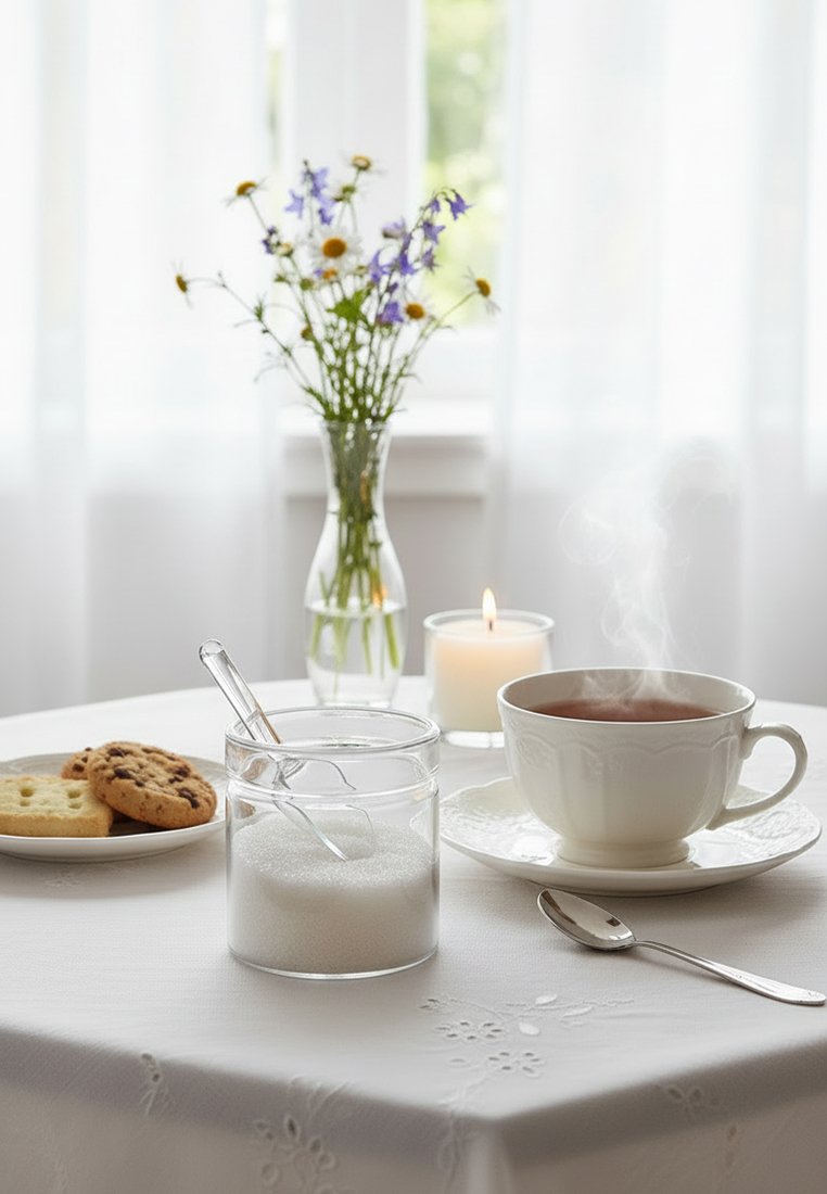 Parująca filiżanka herbaty na spodku z łyżeczką, szklany słoik z cukrem z łyżeczką, talerz ciastek, zapalona świeca i wazon dzikich kwiatów na białym obrusie.