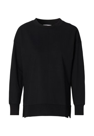 Sweatshirt noir en tissu doux, avec un col rond, des manches longues et des fentes sur les côtés pour faciliter les mouvements.