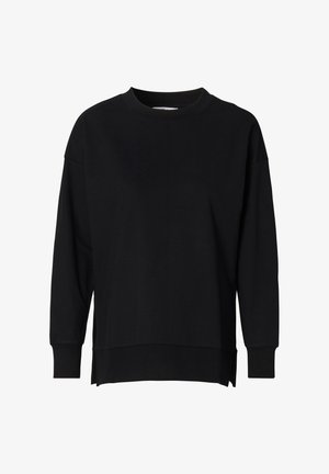 Sweatshirt noir en tissu doux, avec un col rond, des manches longues et des fentes sur les côtés pour faciliter les mouvements.