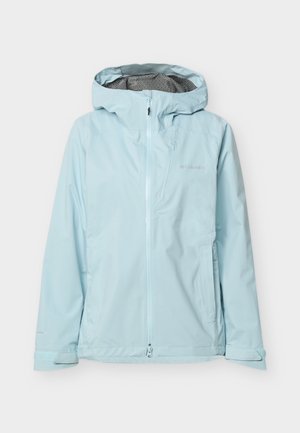 Világoskék kapucnis vízálló dzseki teljes hosszúságú elülső cipzárral, cipzáras mellzsebbel és állítható csuklópántokkal.