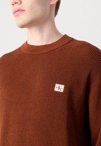 Bruine gebreide trui met textuurstof, ronde hals en een klein wit label met een rood "CK" logo op de linkerborst.