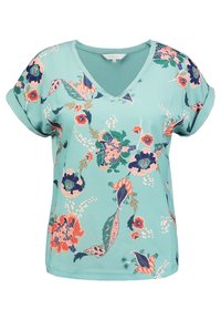 Haut à manches courtes et col en V de couleur turquoise clair, doté d'un motif floral avec des accents roses, bleus et verts. Tissu lisse et léger.