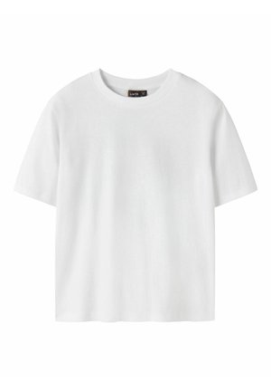 Weißes Baumwoll-T-Shirt, kurze Ärmel, Rundhalsausschnitt, lockere Passform, glatte Textur, keine Muster oder Designs, gerader Saum.