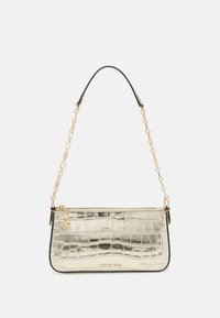 Metallic gold clutch bag with crocodile texture, black leather accents, chain strap, and zip closure. Features logo detail on front.