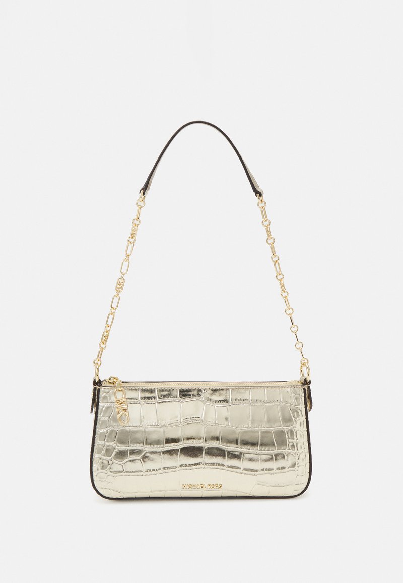 Metallic gold clutch bag with crocodile texture, black leather accents, chain strap, and zip closure. Features logo detail on front.