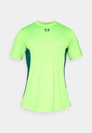 Neon green athletic T-shirt with short sleeves, featuring dark teal side panels and a round neck, made of lightweight, moisture-wicking material.