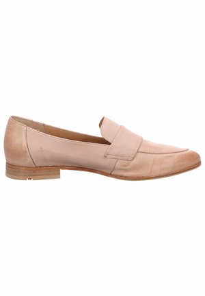 Light pink leather loafer with a rounded toe and a folded panel across the vamp. Smooth texture with a low, stacked heel.