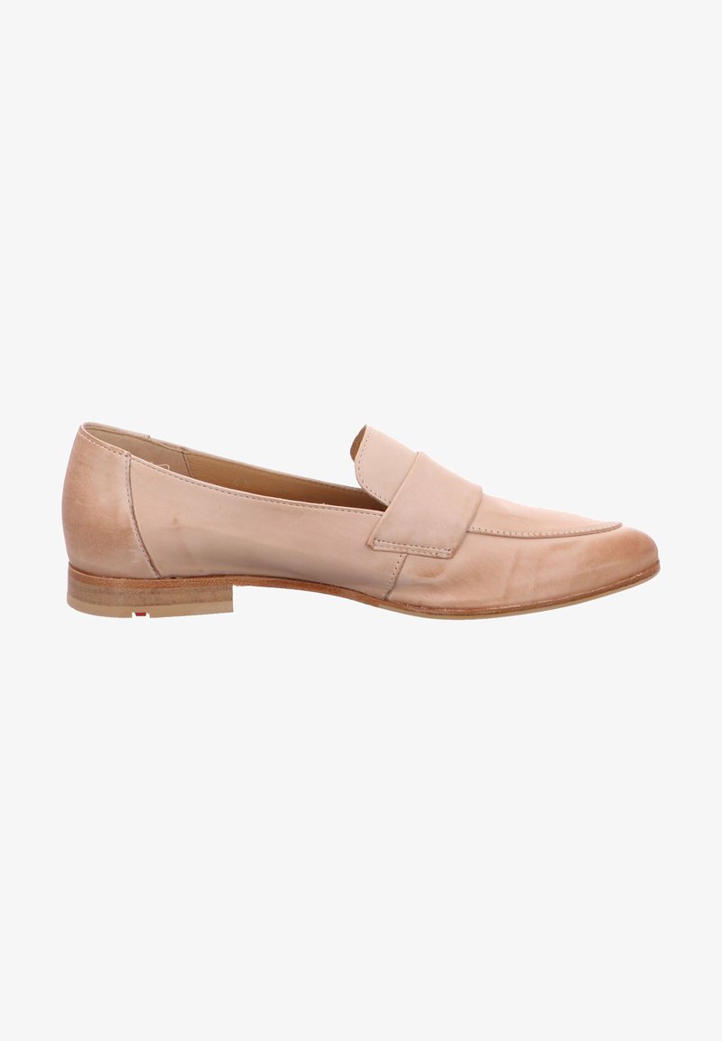 Light pink leather loafer with a rounded toe and a folded panel across the vamp. Smooth texture with a low, stacked heel.