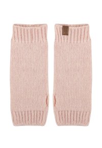 Vaaleanpunaiset neulotut käsivarren lämmittimet, joissa on ribbireunat, pehmeä rakenne ja pieni nahkainen lappu ommeltuna lähelle ykkä.