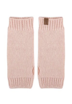 Mangas de brazo de punto en rosa claro con bordes acanalados, que cuentan con una textura suave y una pequeña etiqueta de cuero cosida cerca de la parte superior.