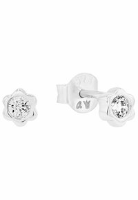 Orecchini a chiodo in argento sterling a forma di fiore, con pietre di zirconia cubica trasparente e rotonda al centro, finitura lucida e chiusura a morsetto.