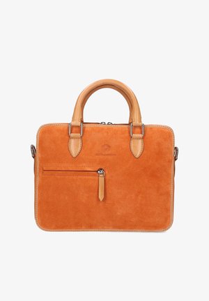 Wildleder-Handtasche in leuchtendem Orange mit Ledergriffen, einer Frontreißverschlusstasche und kontrastierenden Nähten. Mit erhabenem Logo.