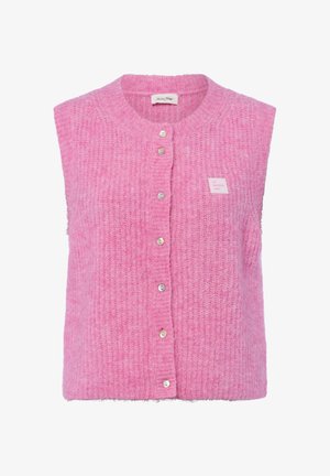 Pink sleeveless knitted vest with a ribbed texture, five silver buttons, and a small label on the left side. Soft, fuzzy material.