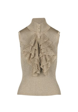 Bez piedurknēm, ribota blūze ar metālisku zeltu un augstu apkakli, ar priekšu ar krokām un dekoratīvām pogām vidū.