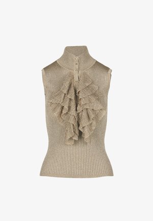 Bez piedurknēm, ribota blūze ar metālisku zeltu un augstu apkakli, ar priekšu ar krokām un dekoratīvām pogām vidū.