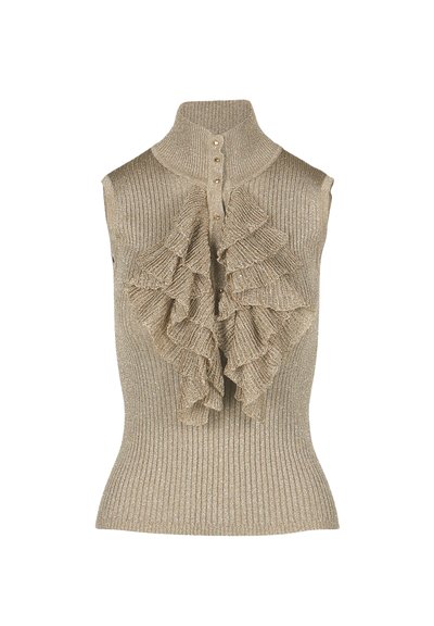 Top fără mâneci din tricot rib sistematizat, de culoare auriu metalic, cu un guler înalt, având un detaliu plisat în față și butoane decorative pe centru.